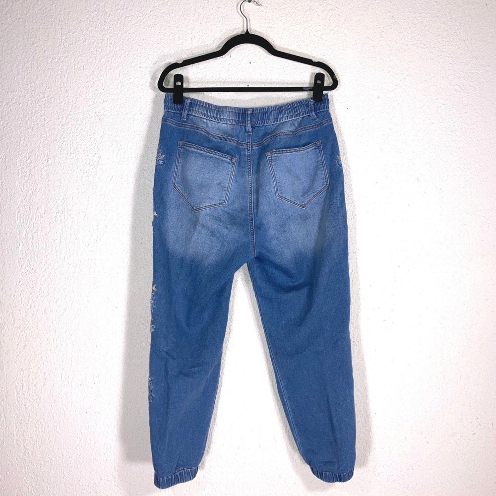 Driftwood Floral Embroidered Denim Joggers Blue Stretch Pull On Jeans Womens L - Picture 3 of 5